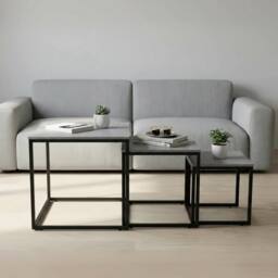 Alivio Set of 3 Industrial Nesting Coffee Table Space-Saving with Metal Frame in Grey - thumbnail 6