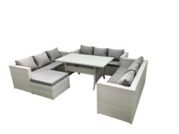 Fimous Rattan Garden Outdoor Furniture Set 10 Seater Garden Sofa Rectangulr Dining Table Set with Big Footstool Light Grey Mixed - thumbnail 1