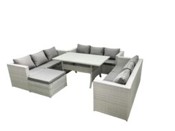 Fimous Rattan Garden Outdoor Furniture Set 10 Seater Garden Sofa Rectangulr Dining Table Set with Big Footstool Light Grey Mixed - thumbnail 2