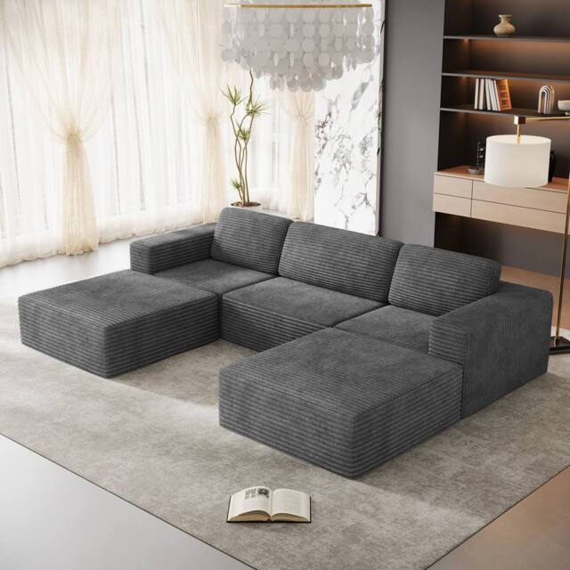 Dprodo Corduroy Modular Sofa, 303CM U Shape Couch, 25V9 in Grey - image 1