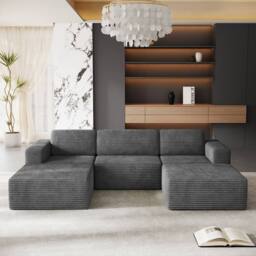 Dprodo Corduroy Modular Sofa, 303CM U Shape Couch, 25V9 in Grey - thumbnail 8
