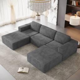 Dprodo Corduroy Modular Sofa, 303CM U Shape Couch, 25V9 in Grey - thumbnail 9