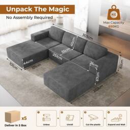 Dprodo Corduroy Modular Sofa, 303CM U Shape Couch, 25V9 in Grey - thumbnail 2