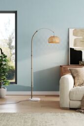 H&O Direct E27 1-Light Bamboo Lampshade Floor Lamp with Foot Switch in Khaki