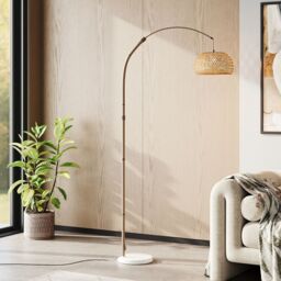 H&O Direct E27 1-Light Bamboo Lampshade Floor Lamp with Foot Switch in Khaki - thumbnail 2