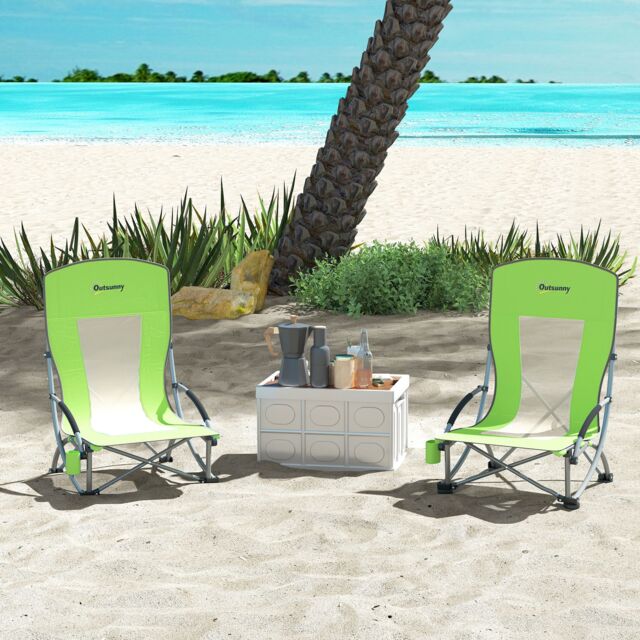 OUTSUNNY Set of 2 Folding Beach Chair, Camping Chair with Carry Bag, Green