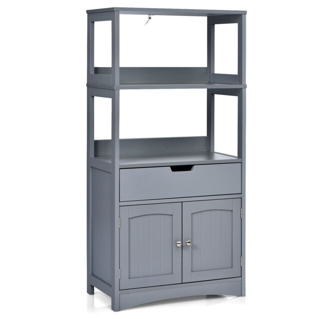 Costway Bathroom Floor Cabinet Wooden Tall Storage Cupboard Freestanding 2 Open Shelves in Grey - image 1