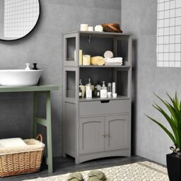Costway Bathroom Floor Cabinet Wooden Tall Storage Cupboard Freestanding 2 Open Shelves in Grey - thumbnail 5