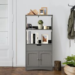 Costway Bathroom Floor Cabinet Wooden Tall Storage Cupboard Freestanding 2 Open Shelves in Grey - thumbnail 4