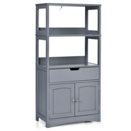 Costway Bathroom Floor Cabinet Wooden Tall Storage Cupboard Freestanding 2 Open Shelves in Grey - thumbnail 1