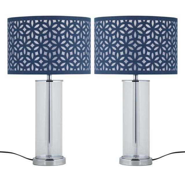 First Choice Lighting Set of 2 Aura - Chrome Table Lamps with Navy Blue Cut Out Shades in Silver - image 1
