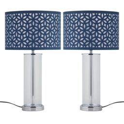 First Choice Lighting Set of 2 Aura - Chrome Table Lamps with Navy Blue Cut Out Shades in Silver