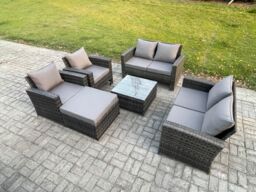 Fimous Rattan Garden Furniture Set 7 Seater Patio Outdoor Lounge Sofa Set with Square Coffee Table Double Seat Sofa Big Footstool in Dark Grey - thumbnail 2