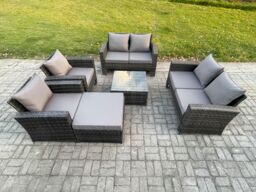 Fimous Rattan Garden Furniture Set 7 Seater Patio Outdoor Lounge Sofa Set with Square Coffee Table Double Seat Sofa Big Footstool in Dark Grey - thumbnail 1