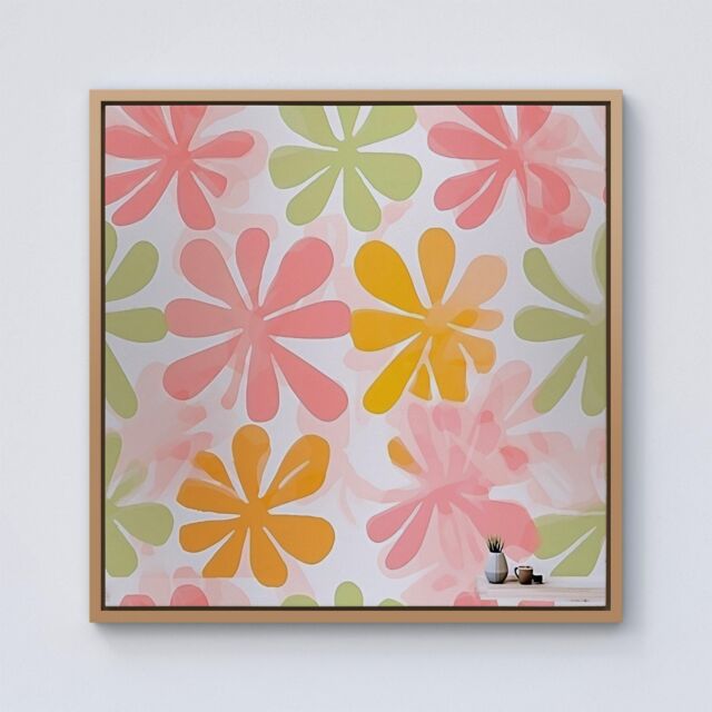 Warren Reed - Designer Yellow & Pink Flowers Framed Canvas in Light Brown - Size: w40 inch x h40 inch - image 1