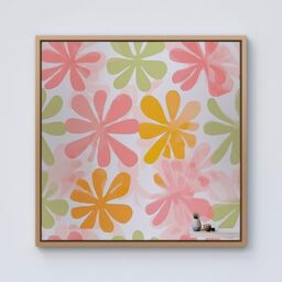 Warren Reed - Designer Yellow & Pink Flowers Framed Canvas in Light Brown - Size: w40 inch x h40 inch - thumbnail 1