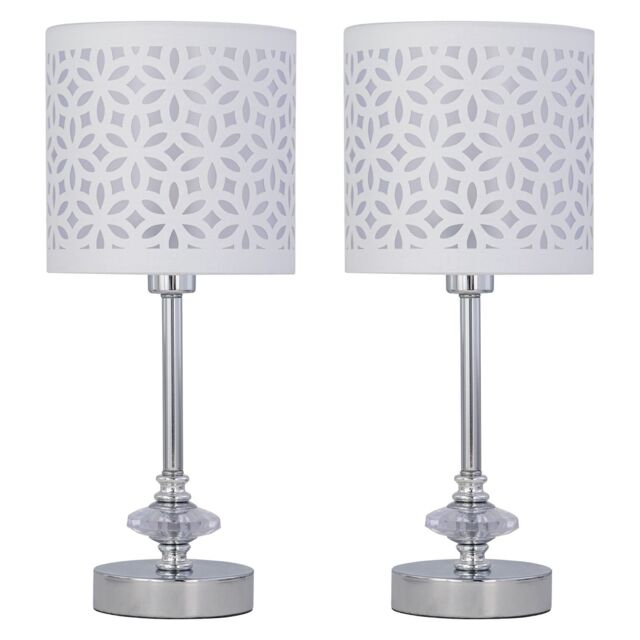 First Choice Lighting Set of 2 Chrome Jewelled Table Lamps with White Cut Out Shades in Silver - image 1