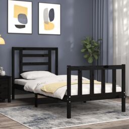 Berkfield Home Bed Frame with Headboard Black Small Single Solid Wood - thumbnail 3