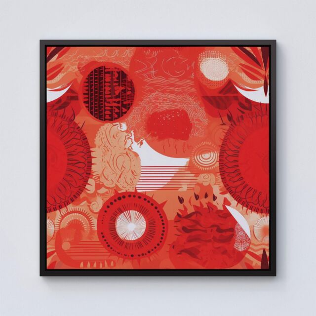 Warren Reed - Designer Abstract Red Sun pattern Framed Canvas in Black - Size: w40 inch x h40 inch - image 1