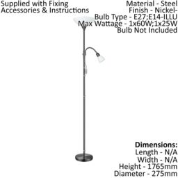 Loops Floor Lamp Light Nickel Shade White Plastic Glass Bulb E27 E14 1x60W 1x25W in Metallics - thumbnail 2