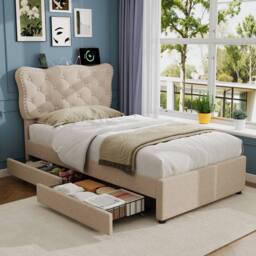 Merax 3ft Single Tufted Upholstered Bed with Charging Station, 2 Drawers in Beige - thumbnail 3