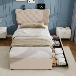 Merax 3ft Single Tufted Upholstered Bed with Charging Station, 2 Drawers in Beige - thumbnail 5