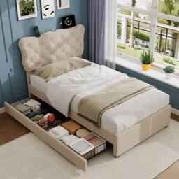 Merax 3ft Single Tufted Upholstered Bed with Charging Station, 2 Drawers in Beige - thumbnail 2