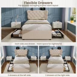 Merax 3ft Single Tufted Upholstered Bed with Charging Station, 2 Drawers in Beige - thumbnail 7
