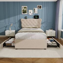 Merax 3ft Single Tufted Upholstered Bed with Charging Station, 2 Drawers in Beige - thumbnail 4