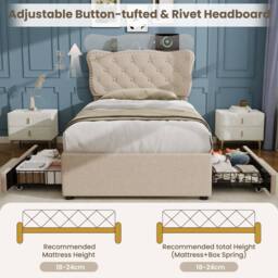 Merax 3ft Single Tufted Upholstered Bed with Charging Station, 2 Drawers in Beige - thumbnail 6