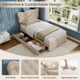 Merax 3ft Single Tufted Upholstered Bed with Charging Station, 2 Drawers in Beige - thumbnail 8