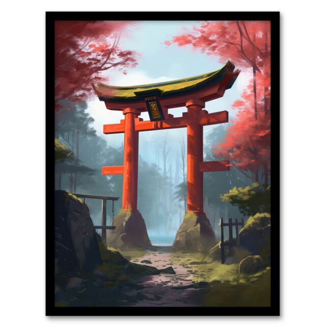 Artery8 Wall Art Print Torii Gate Leading to Shinto Shrine in Forest Painting Red Pink Green Blue Tranquil Sacred Grounds Landscape Art Framed - image 1