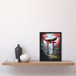 Artery8 Wall Art Print Torii Gate Leading to Shinto Shrine in Forest Painting Red Pink Green Blue Tranquil Sacred Grounds Landscape Art Framed - thumbnail 4