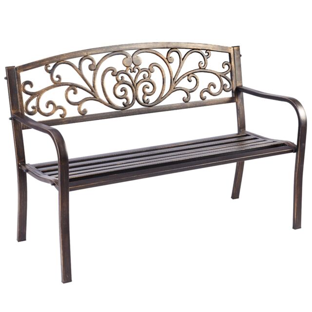 Gymax Patio Garden Bench Weatherproof Cast Iron Steel Porch Loveseat in Light Bronze - image 1
