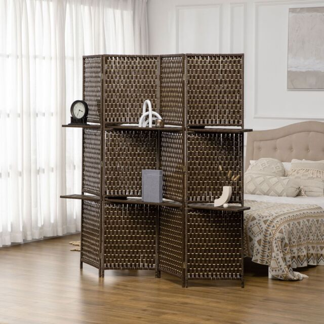 HOMCOM 4 Panel Folding Wall Divider Room with Shelves Privacy Screen Panels in Brown - image 1