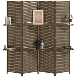 HOMCOM 4 Panel Folding Wall Divider Room with Shelves Privacy Screen Panels in Brown - thumbnail 2