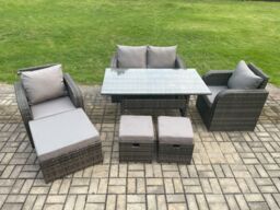 Fimous Rattan Outdoor Garden Furniture Set Rectangular Dining Table & Chair Sofa Set With 3 Footstools in Dark Grey - thumbnail 1