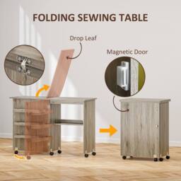HOMCOM Folding Sewing Table Rolling Craft Table with Drop Leaf Wheels Grey - thumbnail 4