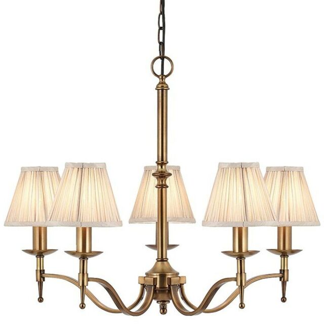 Loops Avery Ceiling Pendant Chandelier Light 5 Lamp Antique Brass & Beige Pleat Shade in Metallics - image 1