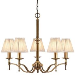 Loops Avery Ceiling Pendant Chandelier Light 5 Lamp Antique Brass & Beige Pleat Shade in Metallics