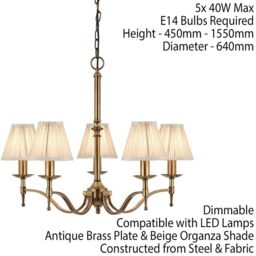 Loops Avery Ceiling Pendant Chandelier Light 5 Lamp Antique Brass & Beige Pleat Shade in Metallics - thumbnail 2