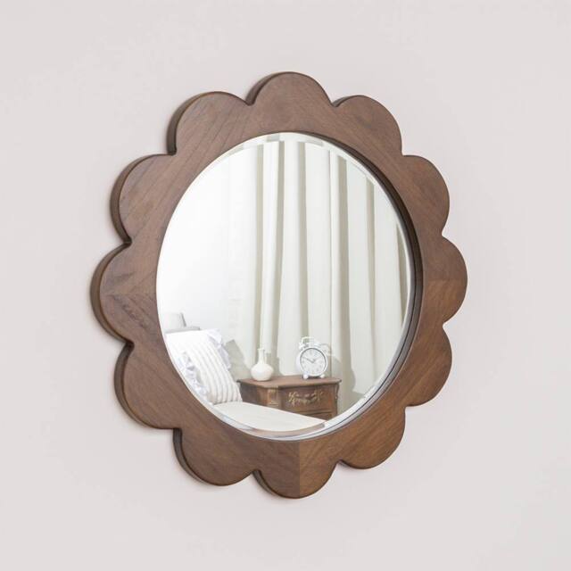 Melody Maison Dark Wood Scalloped Edge Bevelled Wall Mirror - 70cm in Brown - image 1