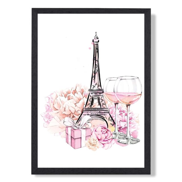 ARTZE Eiffel Tower & Peonies Fashion Illustration Framed Print SIZE: A3 with Black Frame in Pink - Size: A4 - image 1