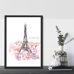 ARTZE Eiffel Tower & Peonies Fashion Illustration Framed Print SIZE: A3 with Black Frame in Pink - Size: A4 - thumbnail 2