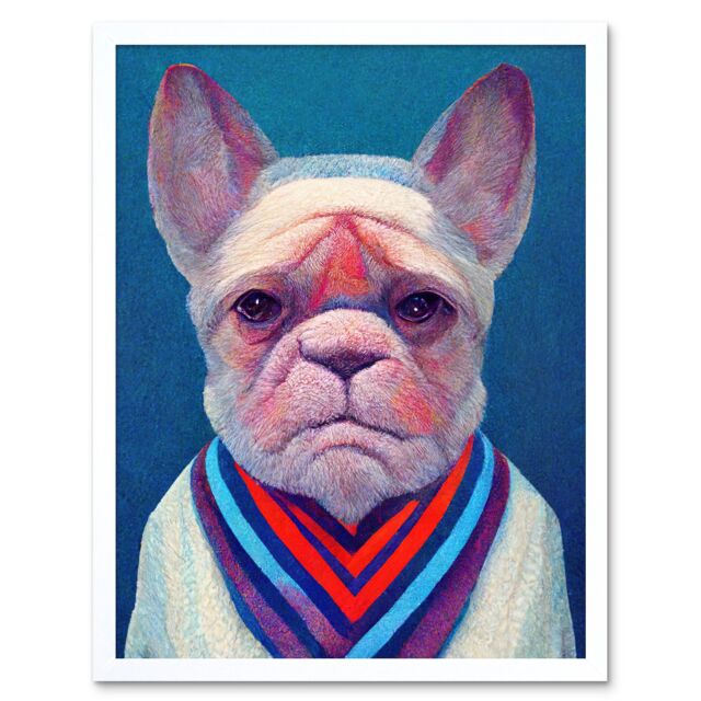 "Artery8 Wall Art Print French Bulldog In A Colourful Sweater Hockneyesque Art Framed in White - Size: W12"" x H16""" - image 1