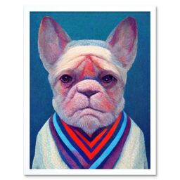 "Artery8 Wall Art Print French Bulldog In A Colourful Sweater Hockneyesque Art Framed in White - Size: W12"" x H16""" - thumbnail 1