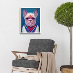 "Artery8 Wall Art Print French Bulldog In A Colourful Sweater Hockneyesque Art Framed in White - Size: W12"" x H16""" - thumbnail 2
