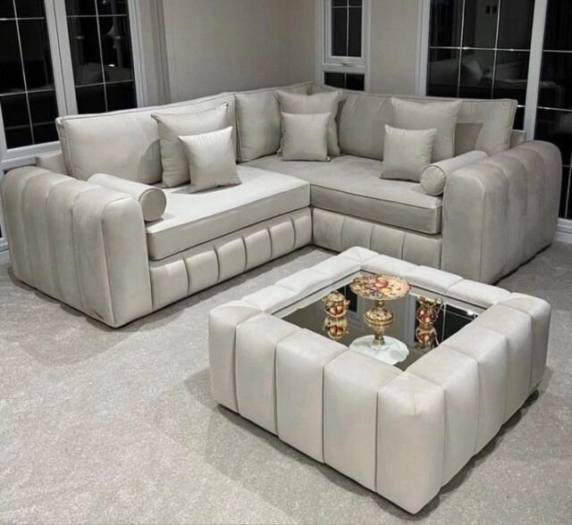 HOB Furniture L Shaped Oyster Oxford Corner Sofa 2 Arms - Sofa Only - 7ftx7ft in Off-White