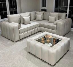 HOB Furniture L Shaped Oyster Oxford Corner Sofa 2 Arms - Sofa Only - 7ftx7ft in Off-White