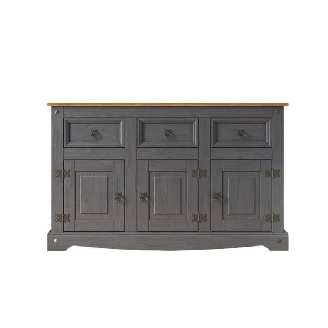 Hinsinc Charcoal Rustic 3 Door 3 Drawer Pine Sideboard in Grey - Size: 0.6m2 - image 1